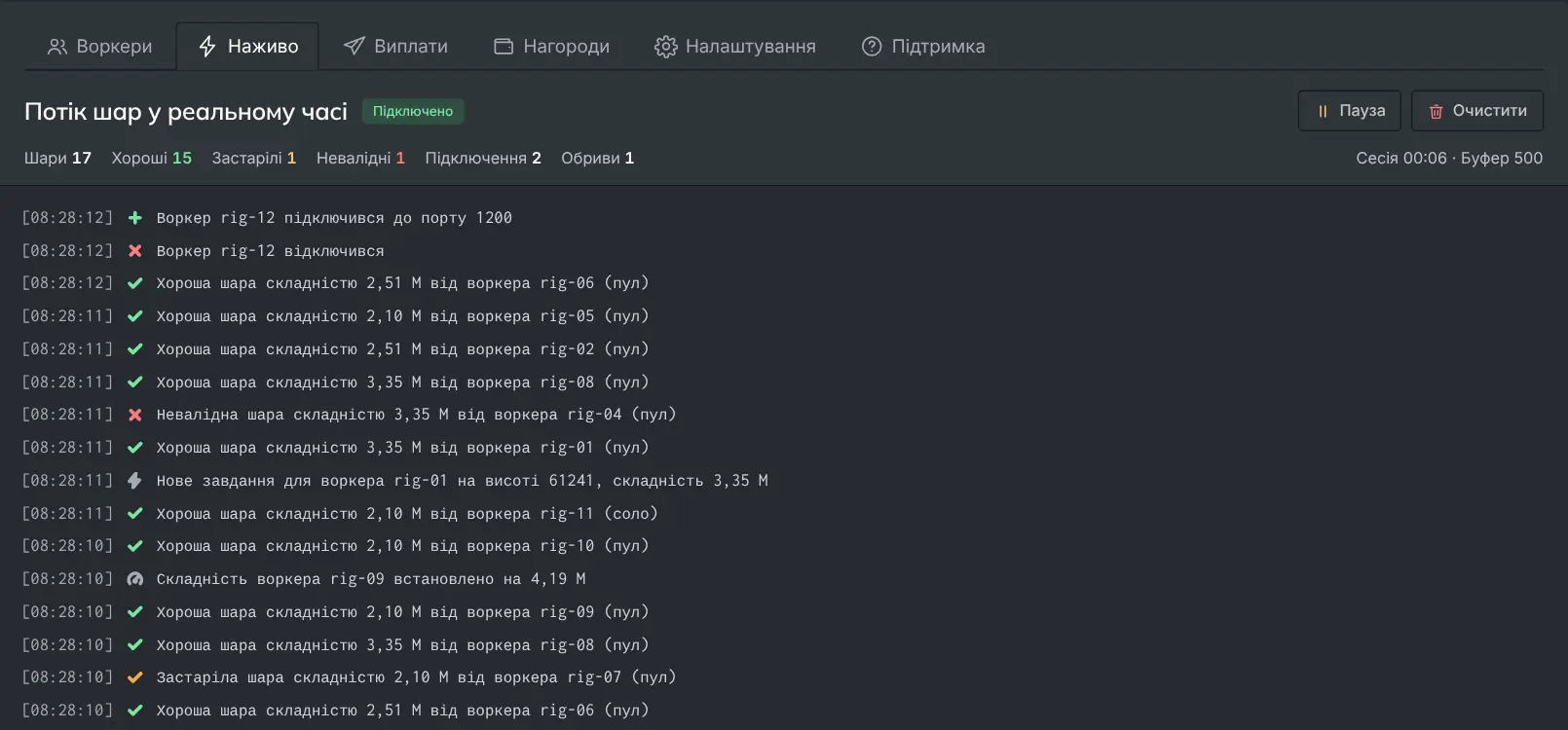 Потік шар наживо: прийняті шари, подія підключення й подія відключення