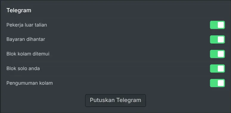 Tetapan pemberitahuan pada papan pemuka pelombong dengan suis bagi setiap jenis peristiwa