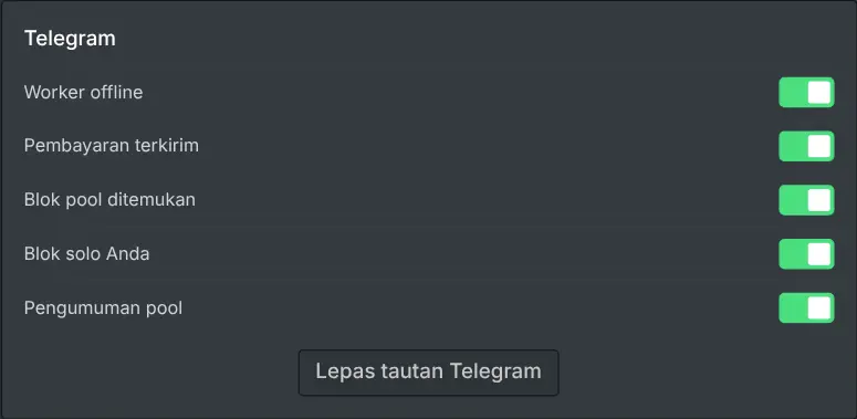Pengaturan notifikasi di dasbor miner dengan sakelar untuk setiap jenis peristiwa