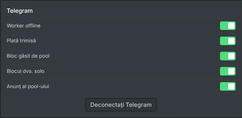 Setările de notificări de pe dashboard-ul miner-ului, cu un comutator pentru fiecare eveniment