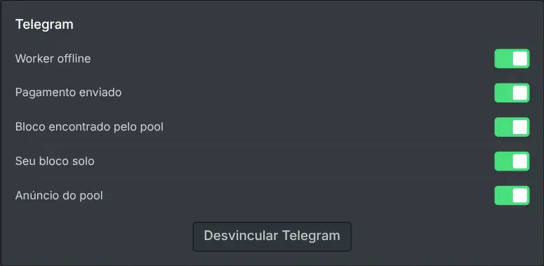As configurações de notificação no painel do minerador com uma chave para cada tipo de evento