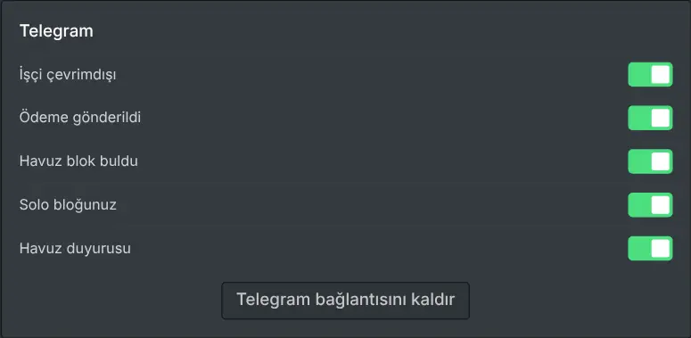 Madenci panelinde her olay türü için bir anahtar bulunan bildirim ayarları