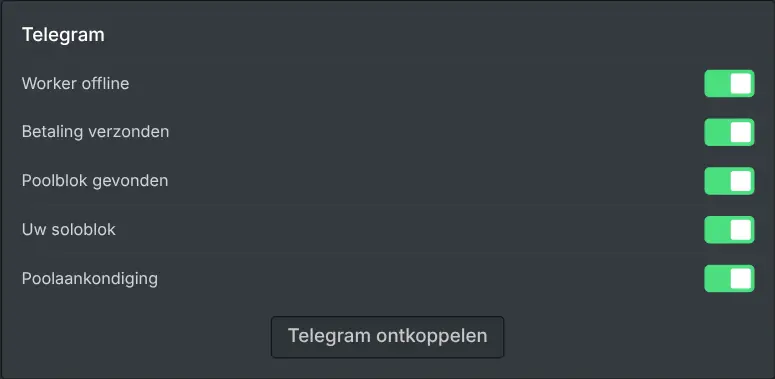 De meldingsinstellingen op het miner-dashboard met een schakelaar voor elk type gebeurtenis