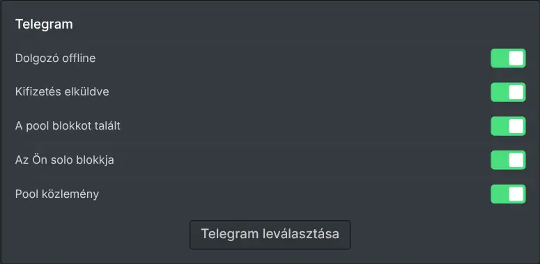 Az értesítési beállítások a bányász irányítópultján, eseményenkénti kapcsolókkal