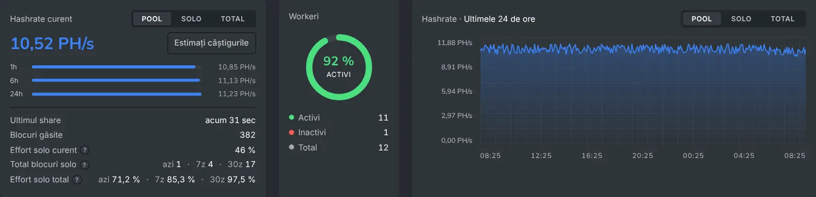 Valoarea curentă a hashrate-ului în dashboard și graficul de hashrate pe 24 de ore