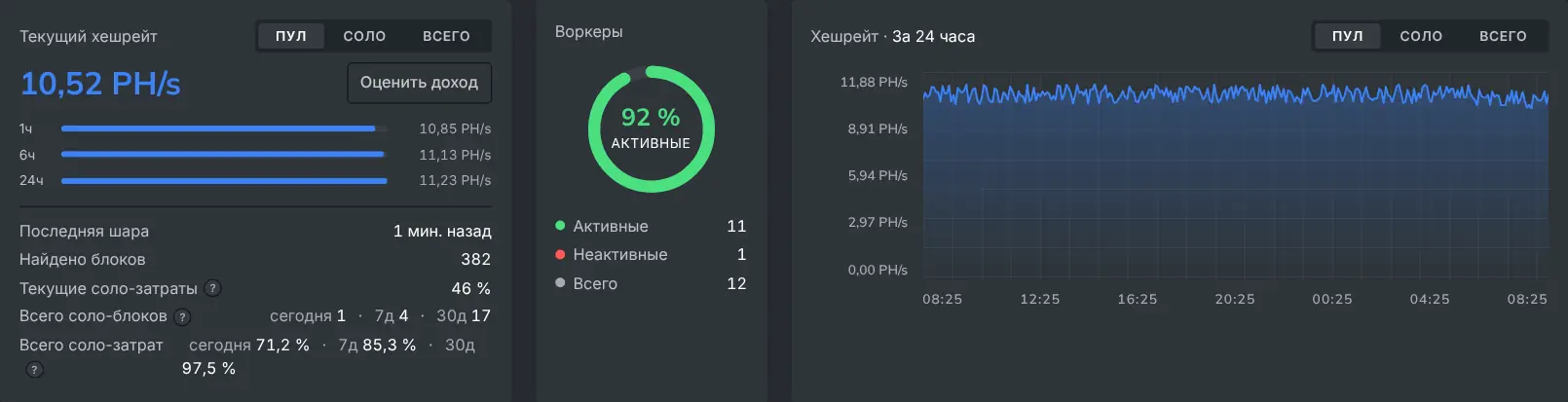 Дашборд майнера с текущим хешрейтом и графиком хешрейта за 24 часа