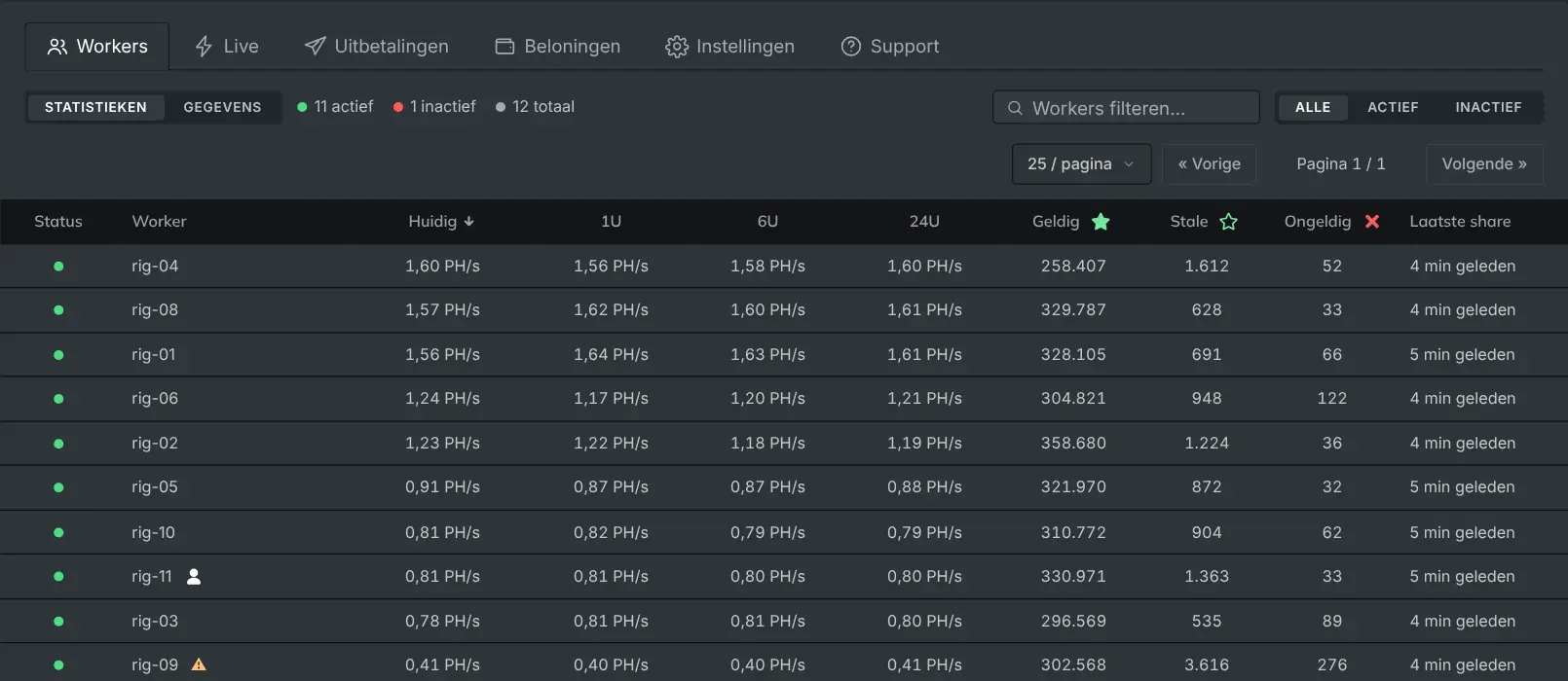 Het tabblad Workers met elke rig en zijn hashrate en shares