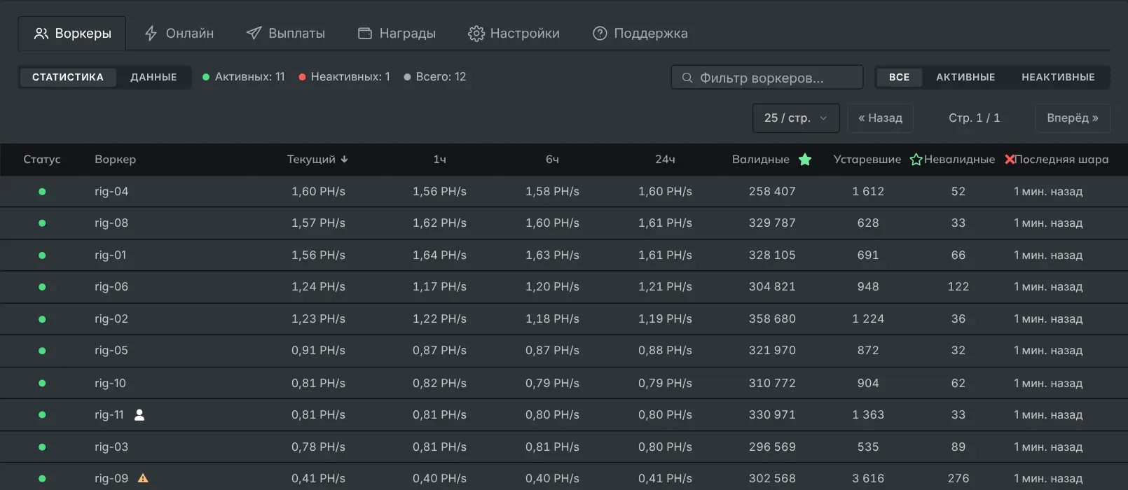 Вкладка воркеров со списком ригов, их хешрейтом и шарами