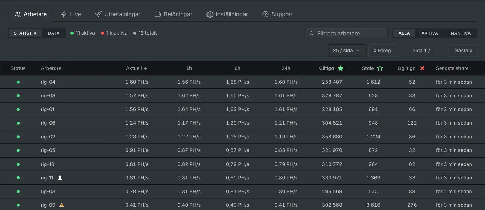 Fliken Arbetare som listar varje rigg med dess hashrate och shares