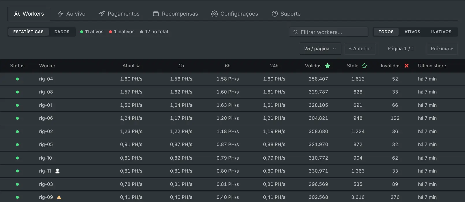 A aba Workers listando cada rig com seu hashrate e seus shares