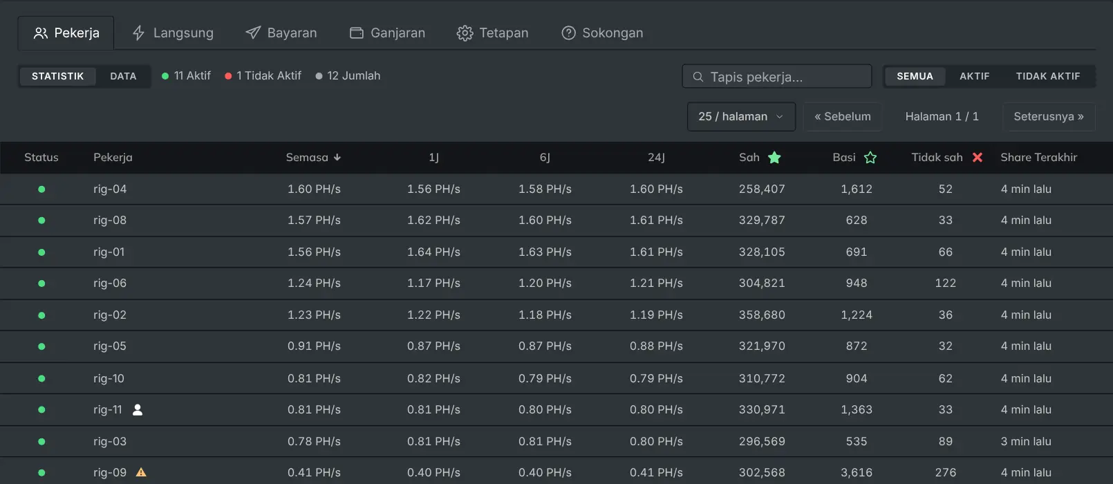 Tab pekerja yang menyenaraikan setiap rig dengan hashrate dan sharenya