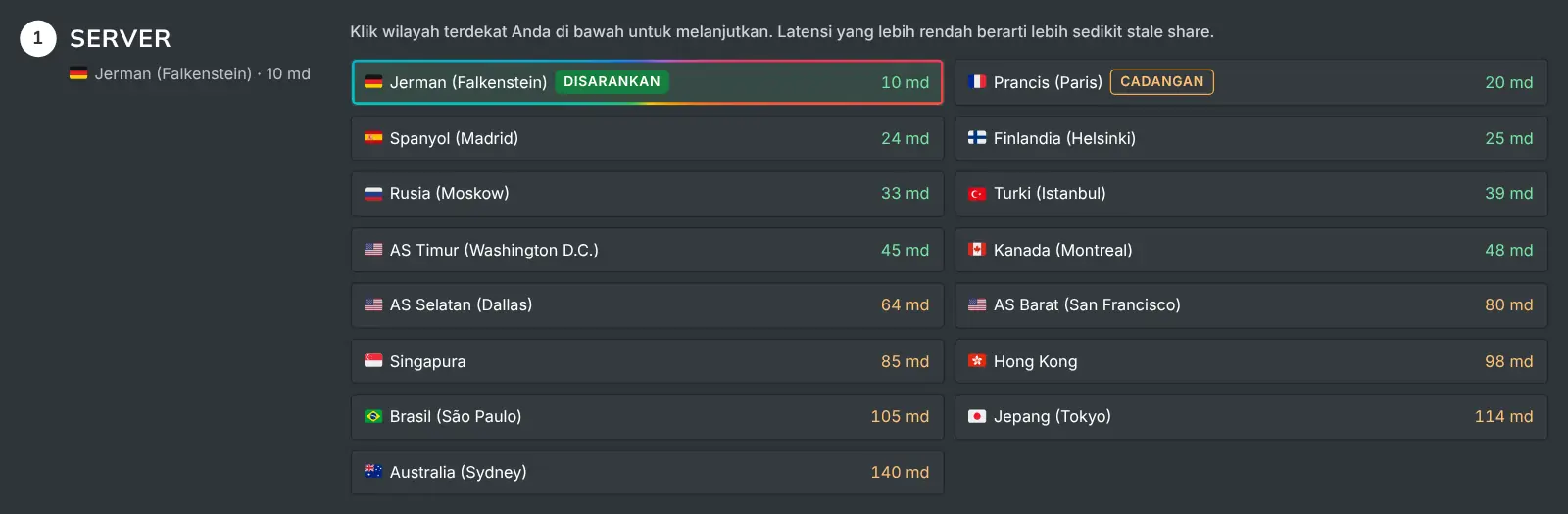 Langkah server "Cara Mining" menampilkan setiap wilayah beserta latensi yang terukur