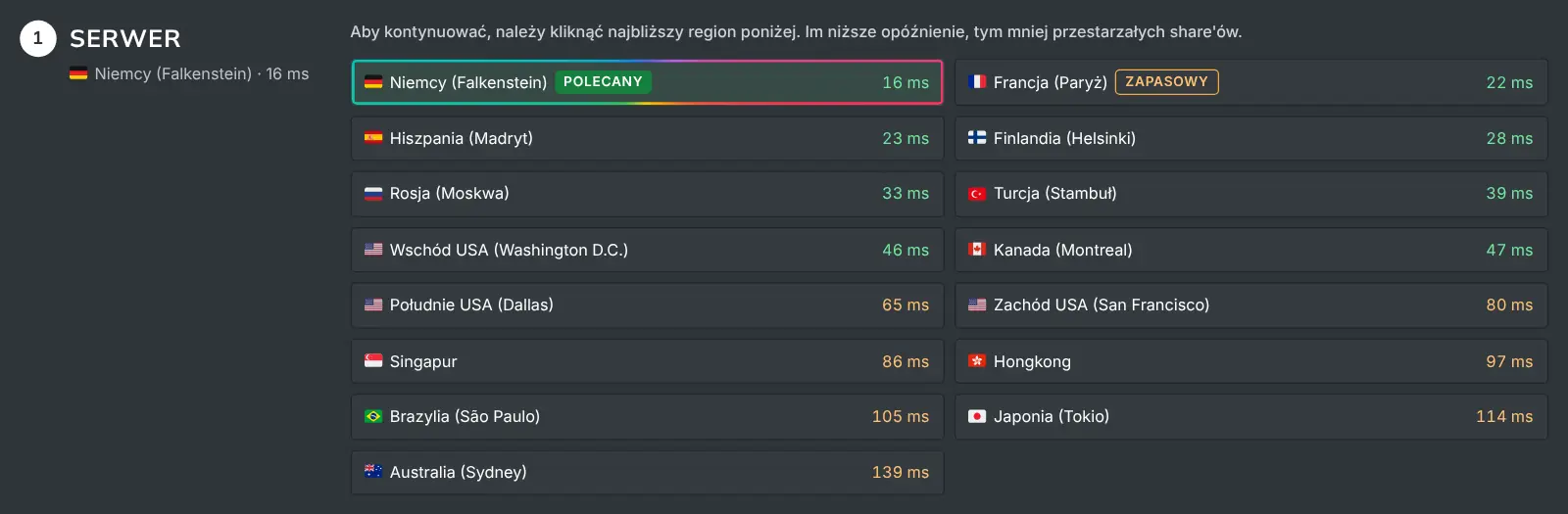 Krok wyboru serwera na stronie Jak kopać z listą wszystkich regionów i zmierzonym opóźnieniem