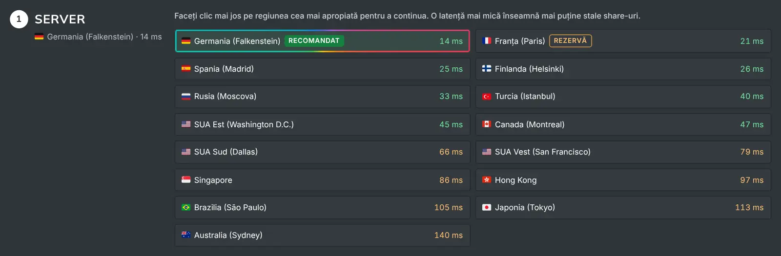 Pasul de server din Cum să minați, care listează fiecare regiune cu latența măsurată