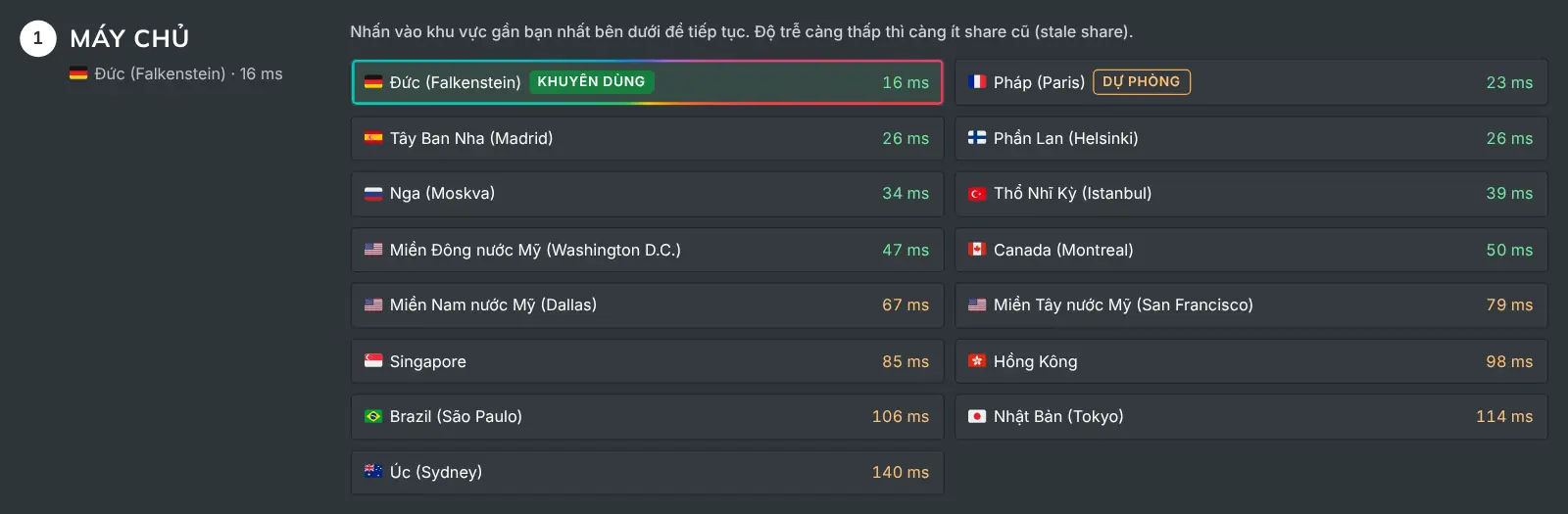 Bước chọn server của trang "Cách đào" liệt kê từng khu vực kèm độ trễ đo được
