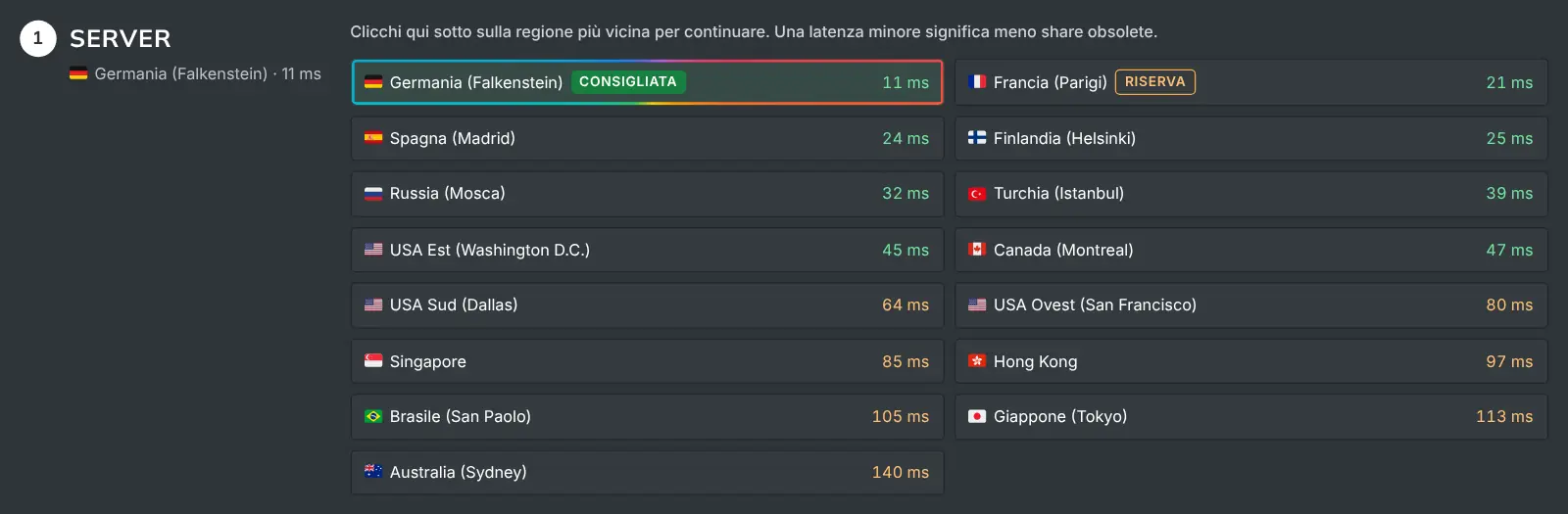 Il passaggio del server della pagina «Come minare» con ogni regione e la sua latenza misurata