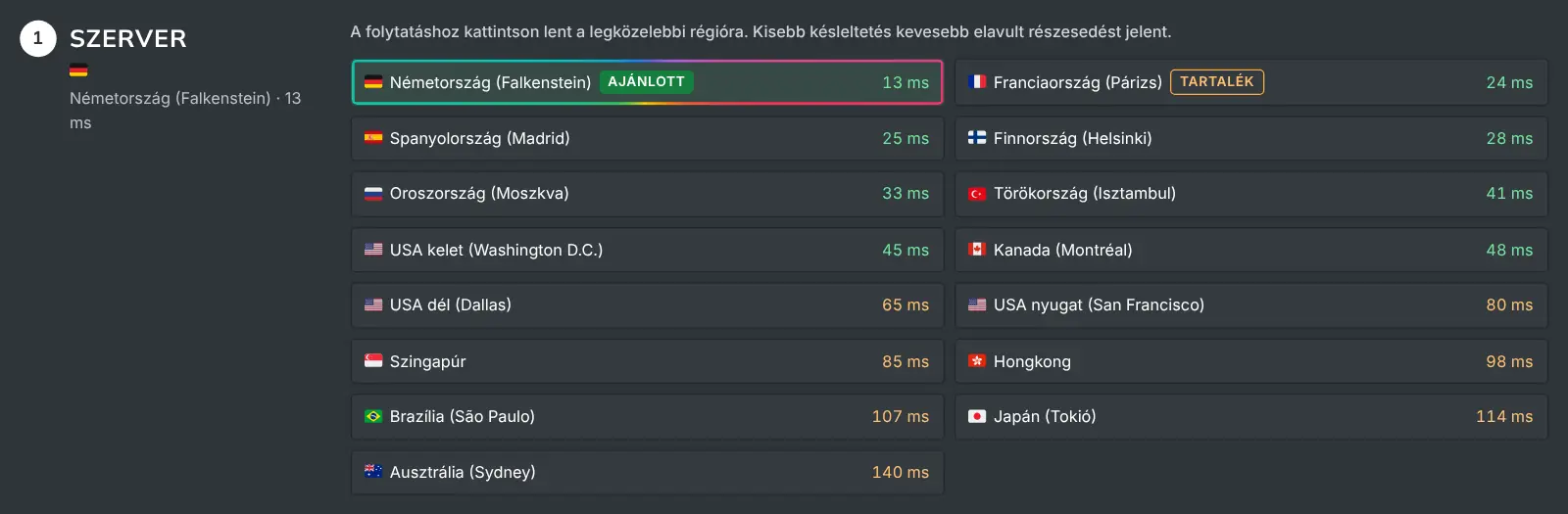 A Bányászati útmutató szerverlépése, amely minden régiót a mért késleltetésével sorol fel