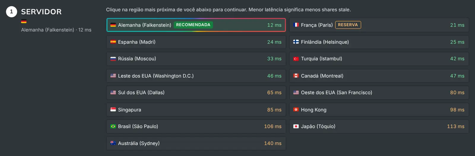 A etapa de servidor da página Como minerar listando cada região com sua latência medida