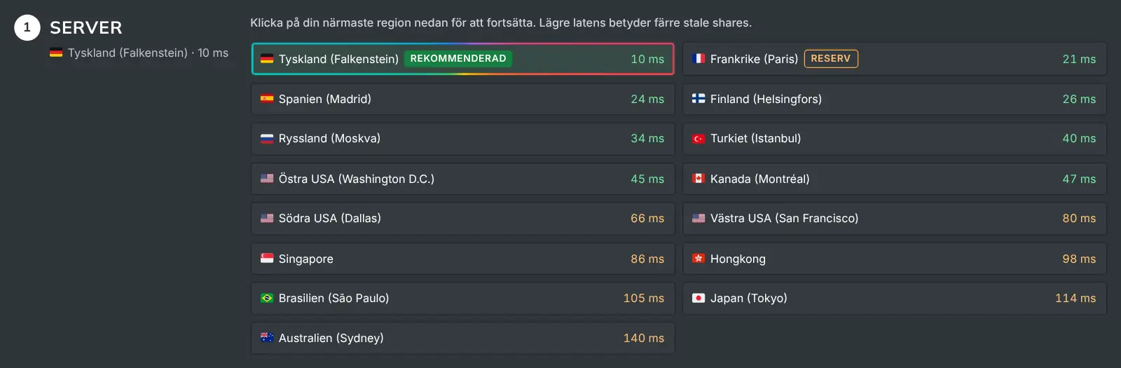 Serversteget på Så minar du som listar varje region med dess uppmätta latens